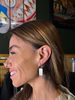 Vintage 925 Sterling Silver Rectangular White Mother of Pearl Dangle Earrings